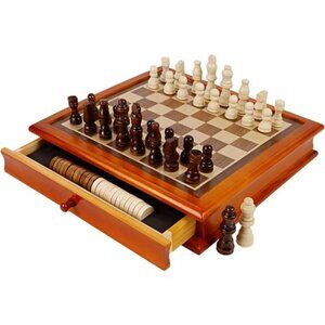 Wooden Chess & Checkers Set with Storage Drawer, Portable Board Games
